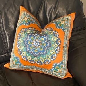 POTTERY BARN Silk Throw Pillow Cover + Down Insert Orange Blue Mandala 18" X 18"